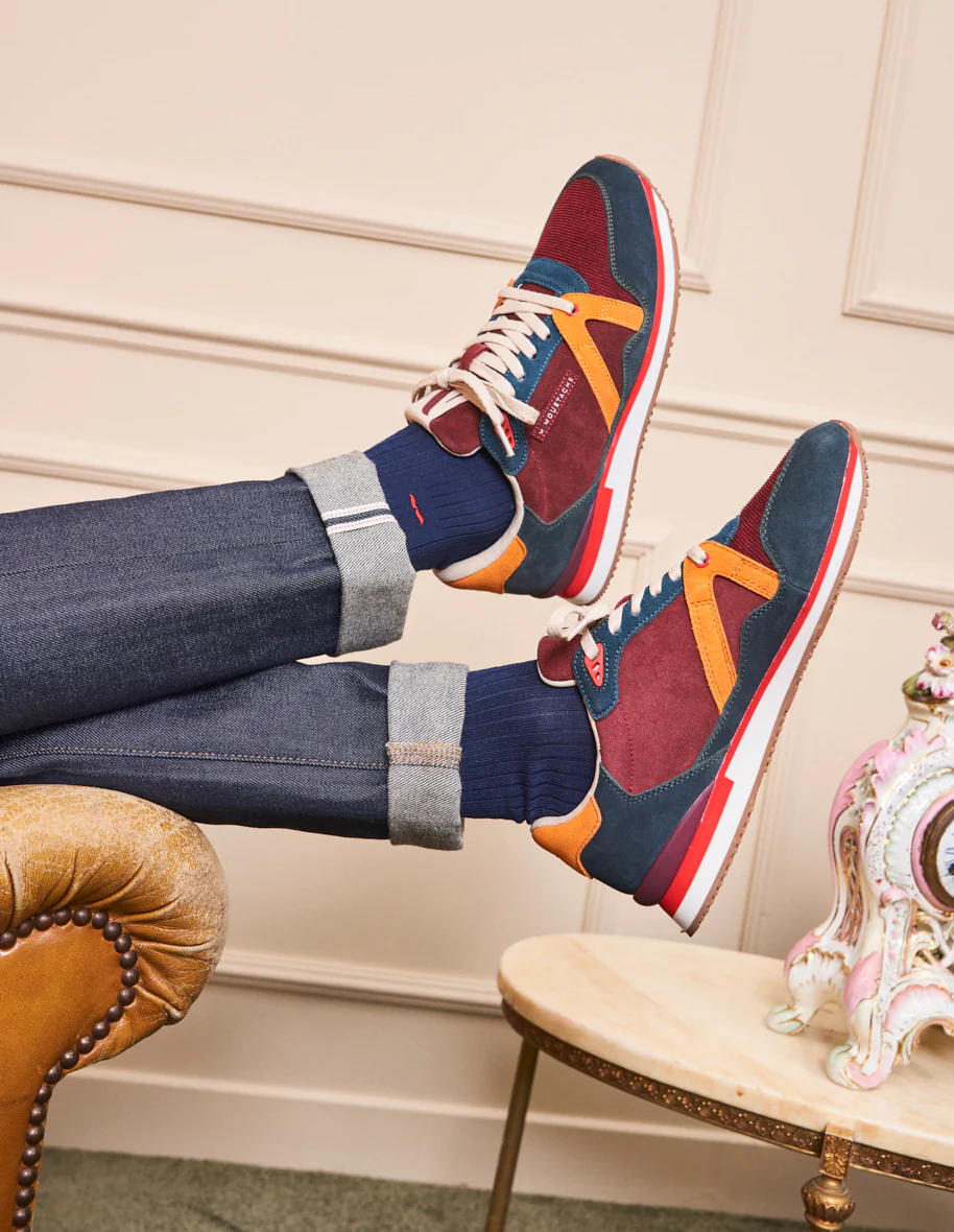 Baskets basses André - Suède vegan petrole bordeaux orange