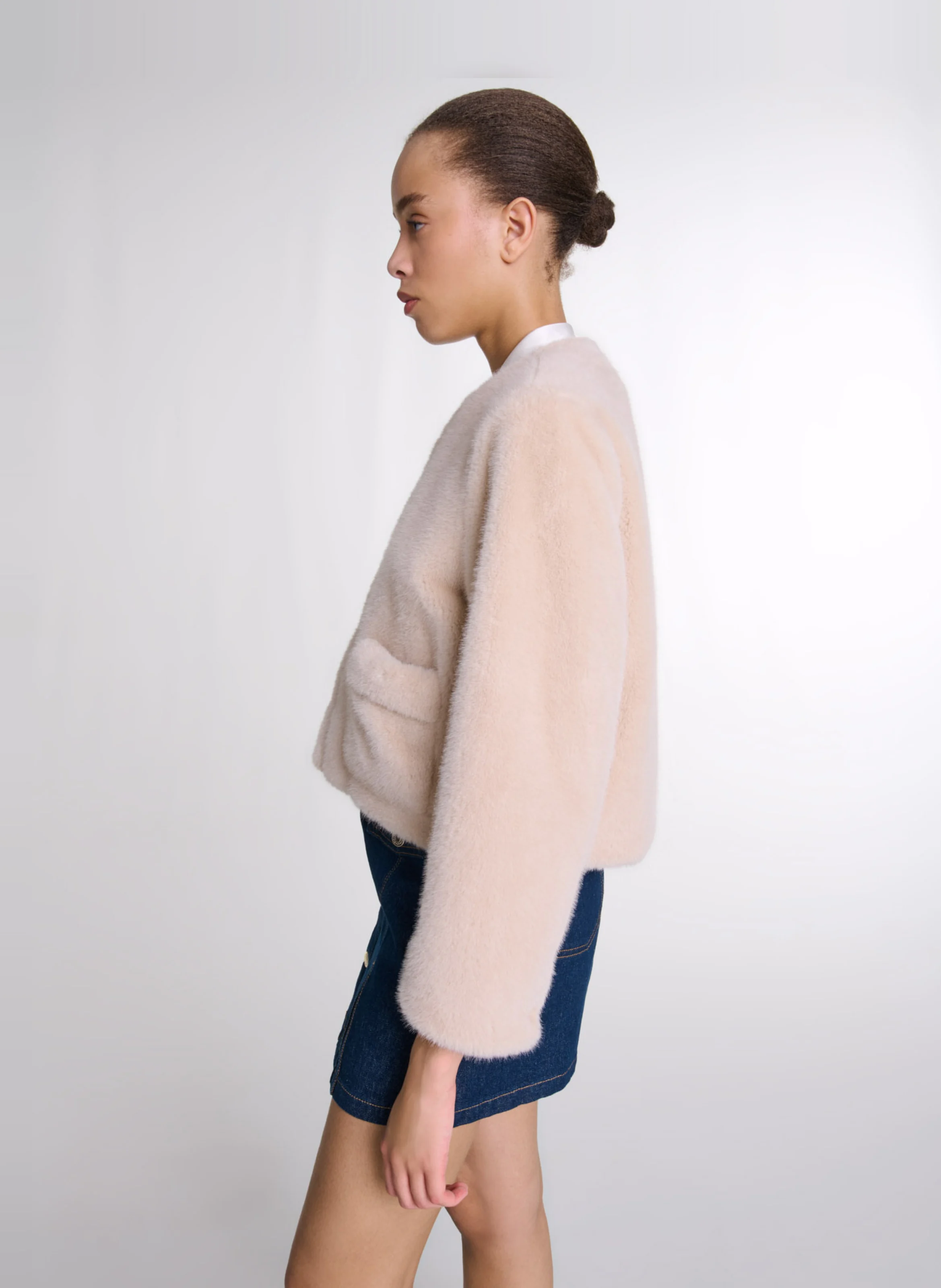 Veste col rond effet fourrure | Beige