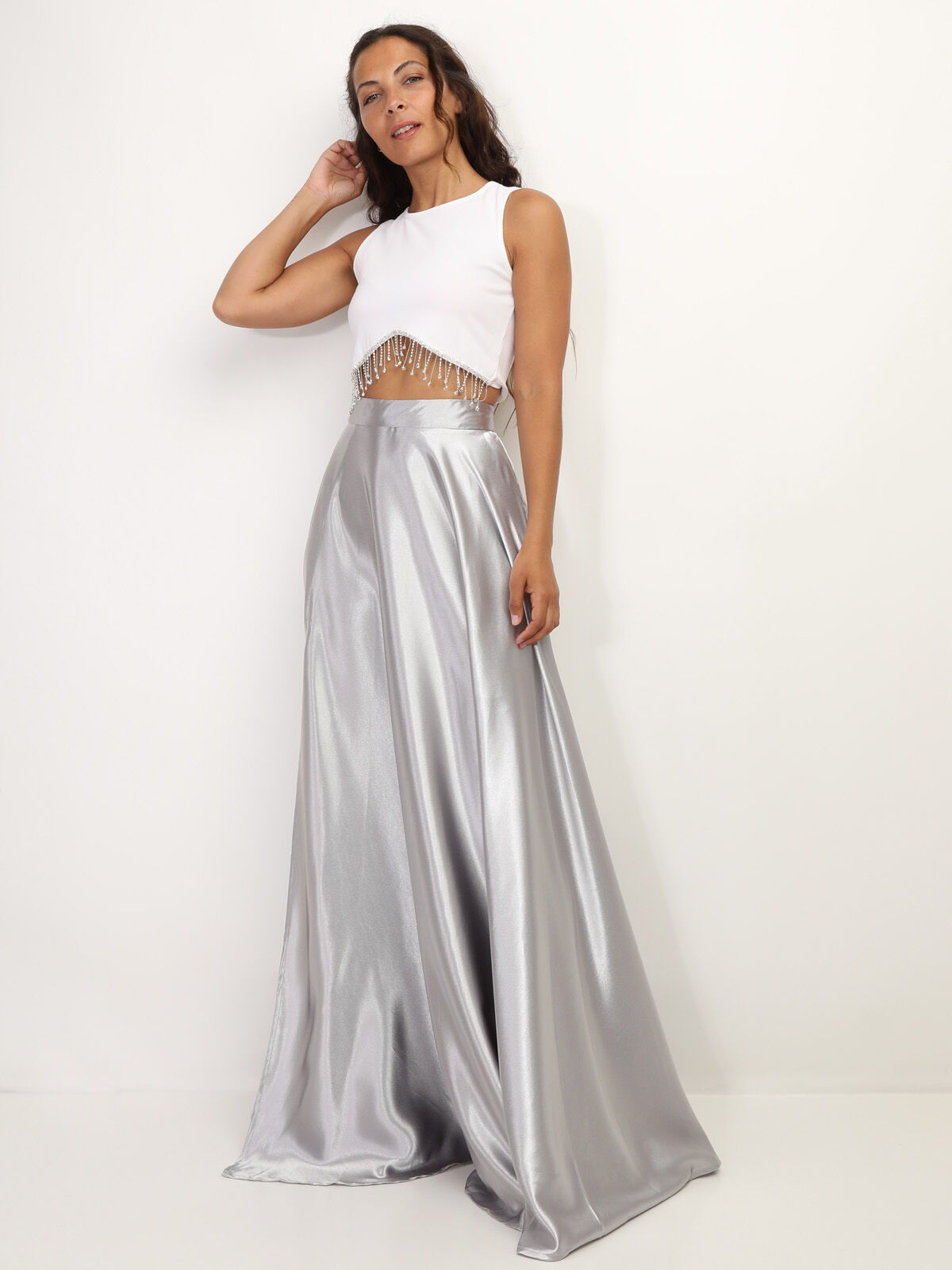 Crop top avec franges à strass- Blanc