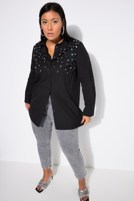 Hemdbluse, gerade, Ziersteinchen, Langarm