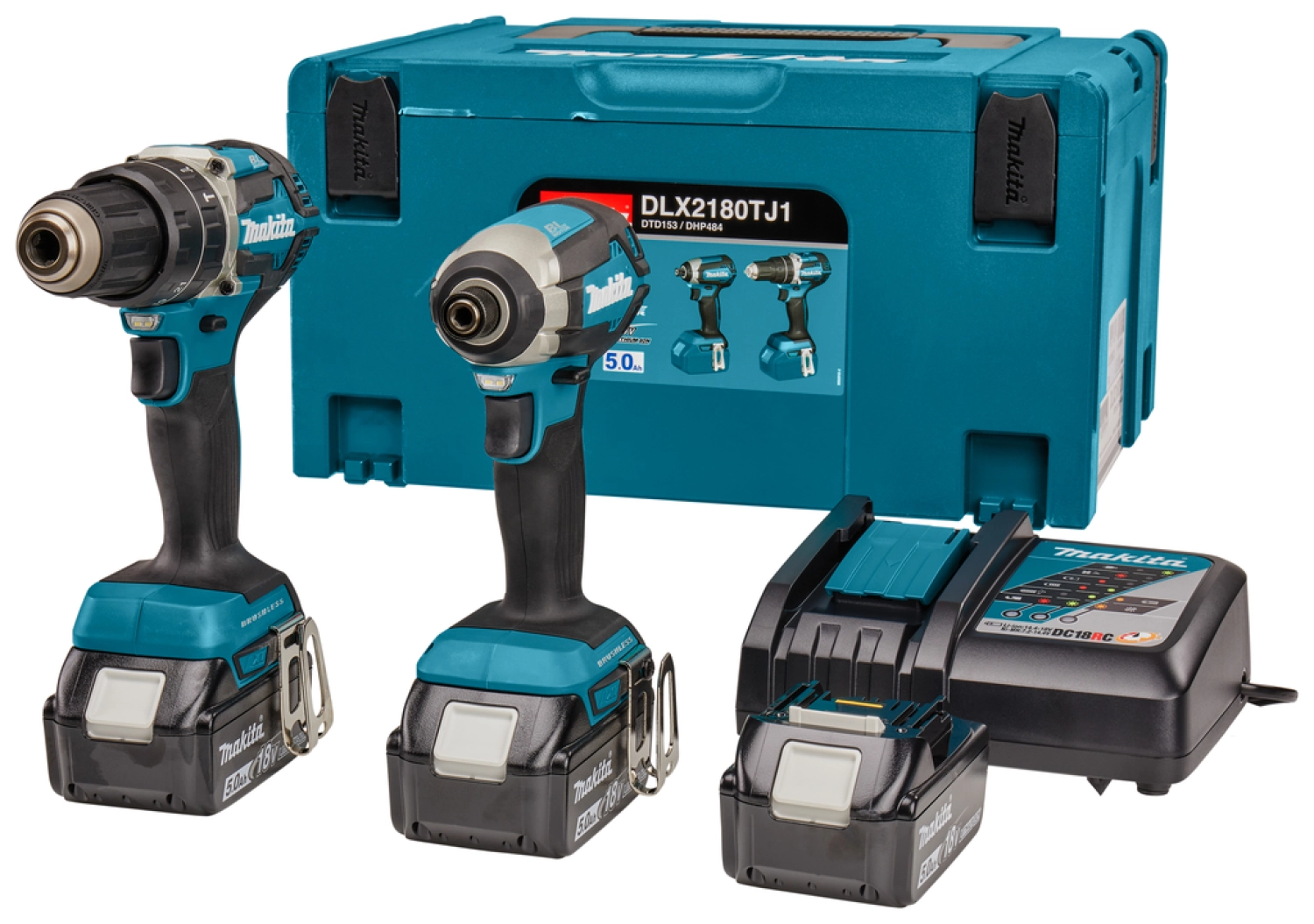 Makita DLX2180TJ1 18V Li-Ion accu klop-/schroefmachine (DHP484) & slagschroevendraaier (DTD153) combiset (3x 5,0Ah accu) in Mbox - koolborstelloos