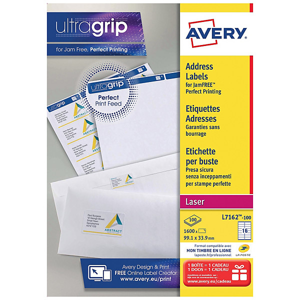 Boite de 1600 étiquettes laser blanches L7162 format 99,1 x 33,9 mm Avery