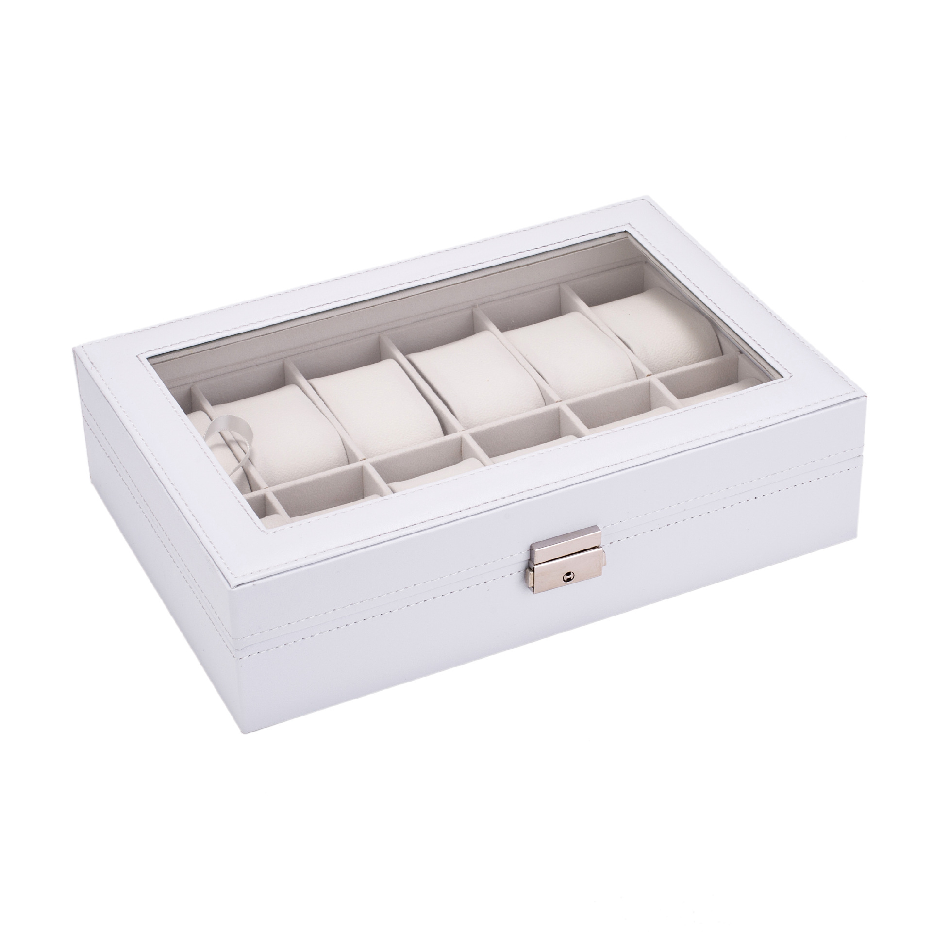 (12 Slots) Uhrenbox Schmuckschatulle Organizer mit Glasdeckel - Weiss