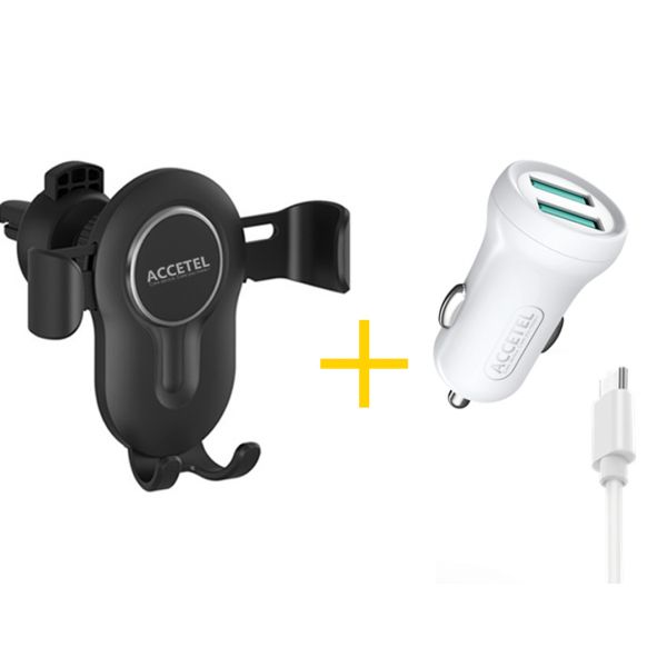 Accetel Pack Auto Suporte SP118   Cabo Type C   Carregador para Oppo A18 CC267 2X USB 2.4A Preto   Branco