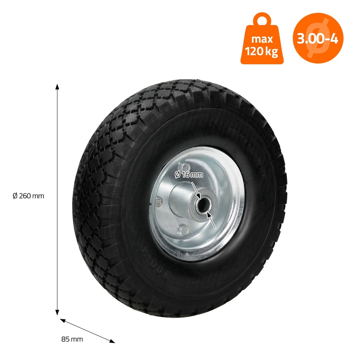 ECD Germany Handwagenwiel, blokprofiel, van lekvrij massief PU-rubber - 3.00-4 / Ø260x85mm - met kogellager en stalen velg - draagvermogen 120 kg - Zwart - Handwagenwiel, handwagenwiel, reservewiel, band
