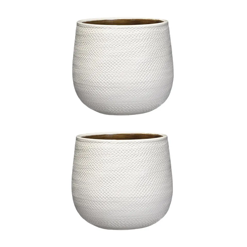 Mica Decorations Bloempot - wit - keramiek - ribbels - 21 x 19 cm