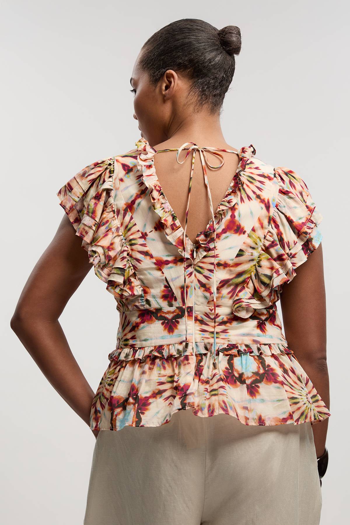 KarenMillen Haut Tissé Grande Taille À Imprimé Carreaux En Soie-coton Avec Détails À Volants