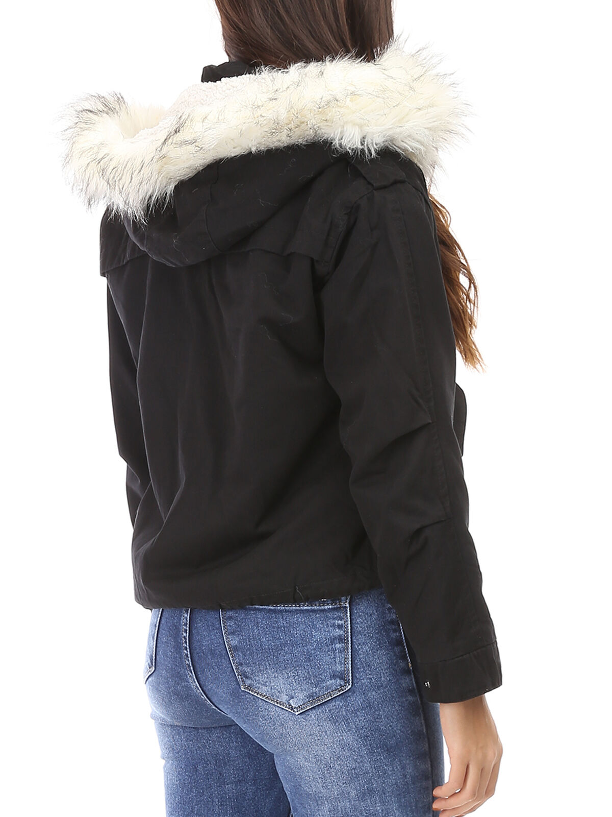 Parka courte fourrée à capuche- Noir