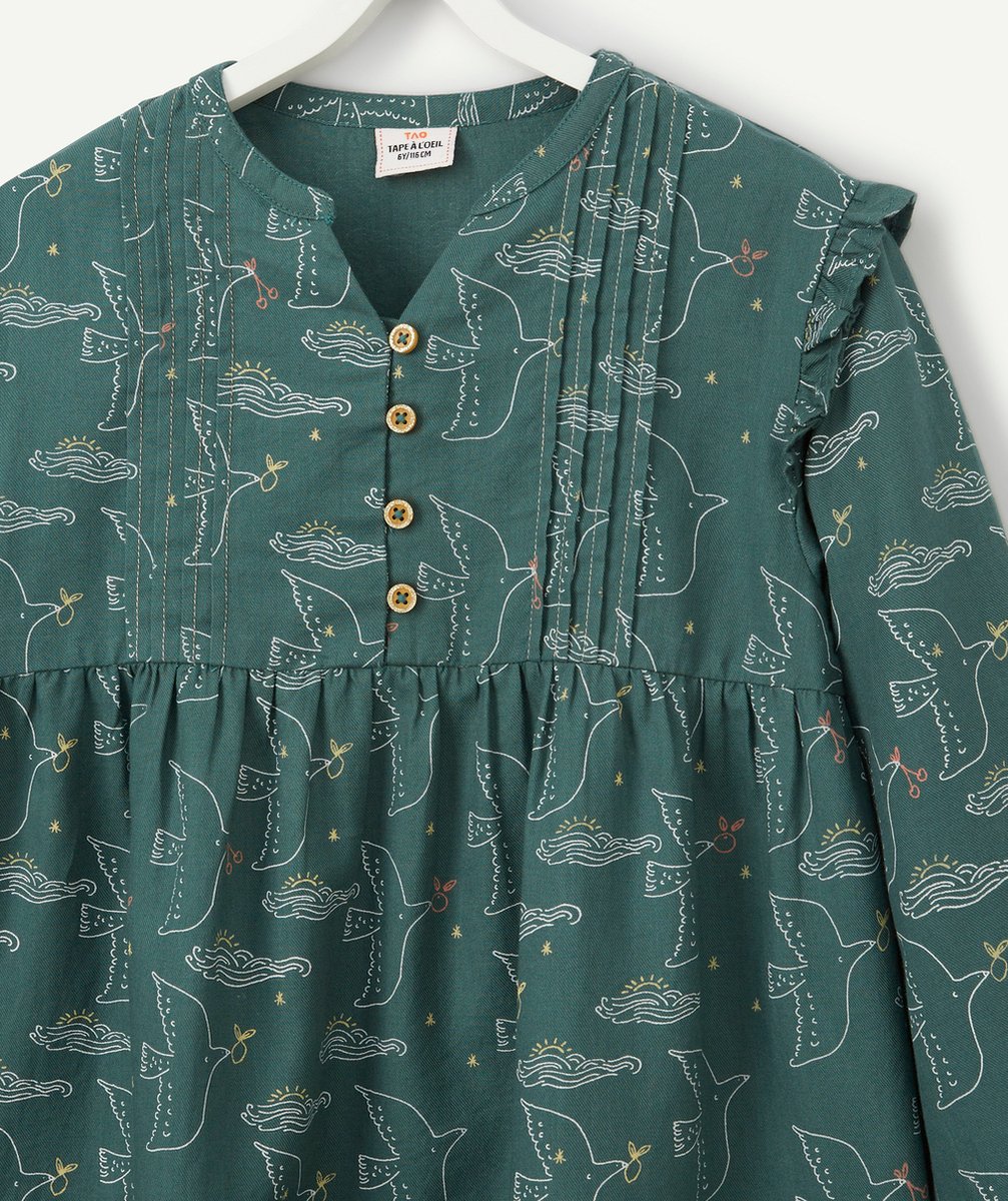 ROBE FILLE EN COTON VERT FONCÉ AVEC MOTIFS OISEAUX ET VAGUES
