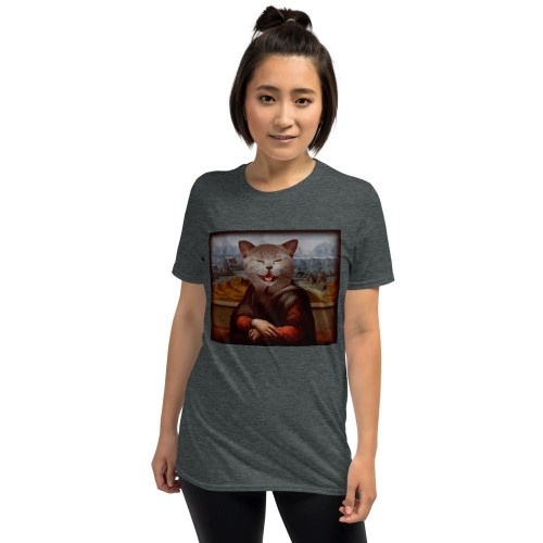 Camiseta feminina Mascochula, La Gioconda, personalizada com seu animal de estimação, cinza escuro.