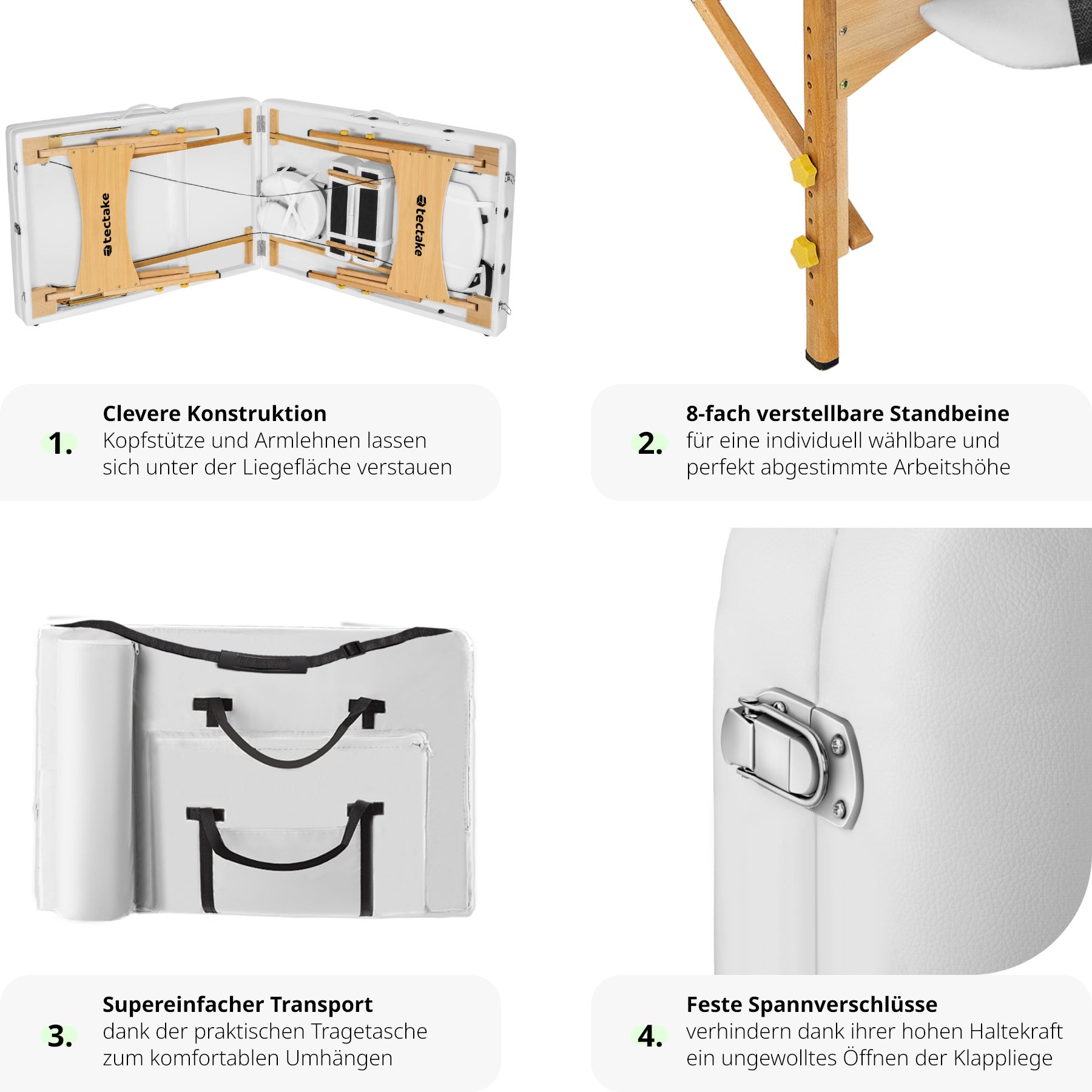 tectake® 3 Zonen Massageliege, Polsterung 7,5 cm, Breite 70 cm mit Holzgestell, verstellbare Ablagen für Kopf und Arme, 218 x 102 x 65 - 90 cm