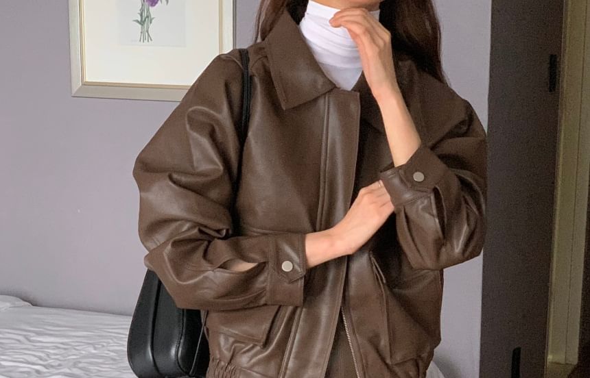 Jesong - Kraag Effen Kunstleren Ritsjack / Hoge Taille Mini Potloodrok
