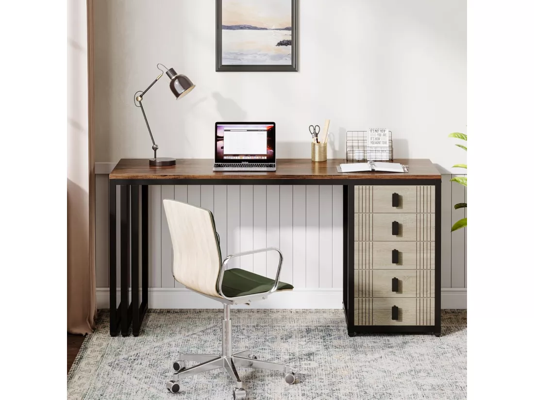 Tribesigns Bureau d'ordinateur avec 5 tiroirs, armoire réversible, en bois moderne, avec rangement, pour la maison, le bureau, la chambre à coucher, marron et chêne
