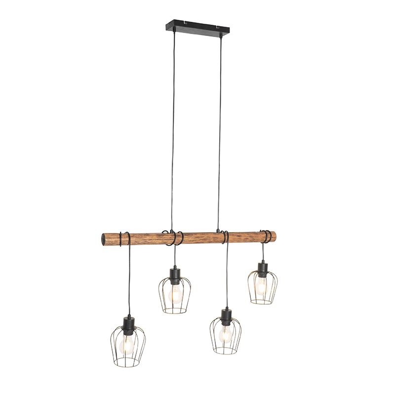 Smart hanglamp zwart met hout incl. 4 Wifi A60 - Stronk