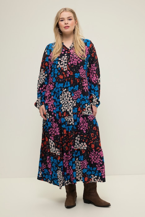 Maxikleid, Flower-Print, Stehkragen, Volants, Langarm