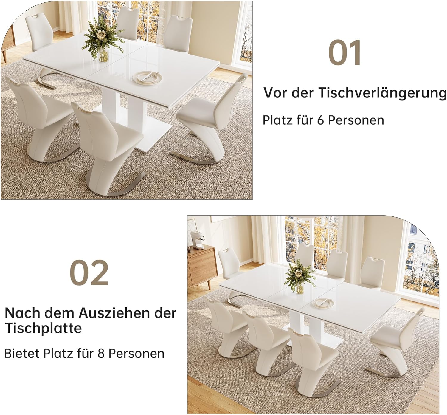 JIEXI Tisch Ausziehbar Moderner Esstisch, Rechteckiger MDF-Küchentisch 160-200cm, Esstisch mit Stabiles Untergestell, für 6-8 Personen, Küche, Wohnzimmer, Büro, Kleiner Raum