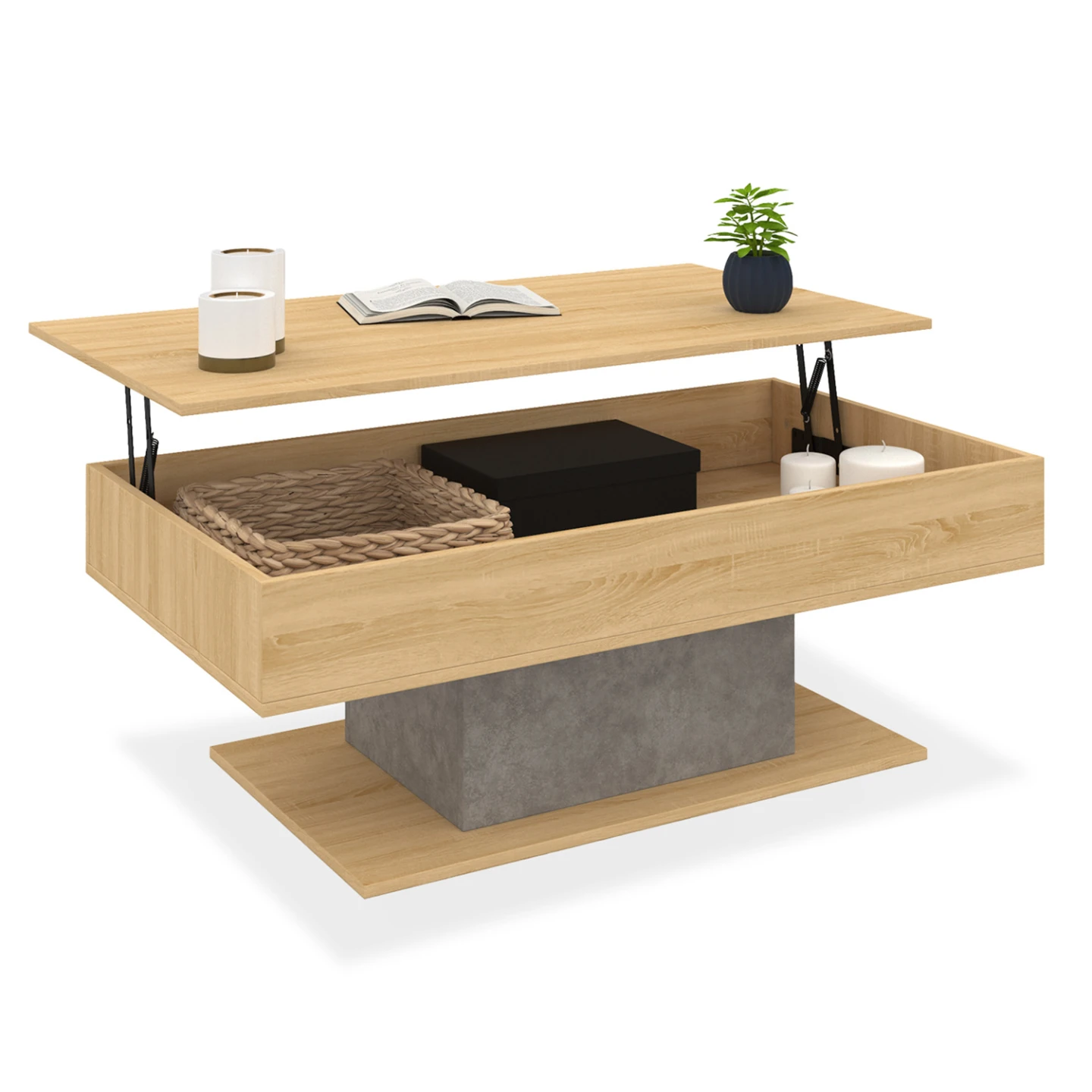 Table basse plateau relevable rectangulaire EDEN bois et effet béton
