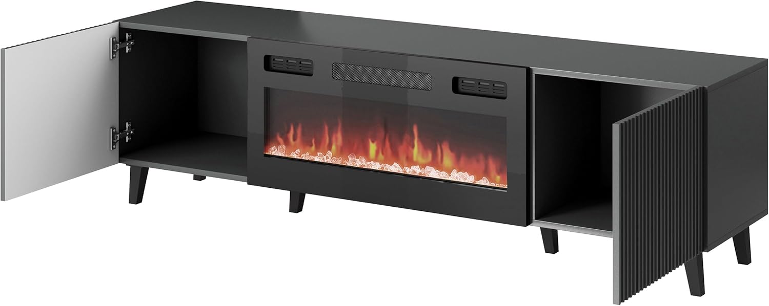 Mirjan24 TV Lowboard Vailbo Grey 180 mit Elektrischem Kamin, Fernsehschrank, Fernsehtisch, Unterschrank, Realistische LED-Flamme, Mit Deko-Kristallen, Board, Schrank, TV-Bank (Anthrazit)