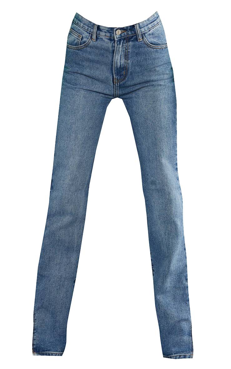 Bleu Jean Taille Haute Délavage Vintage Ourlet Fendu Coupe Longue