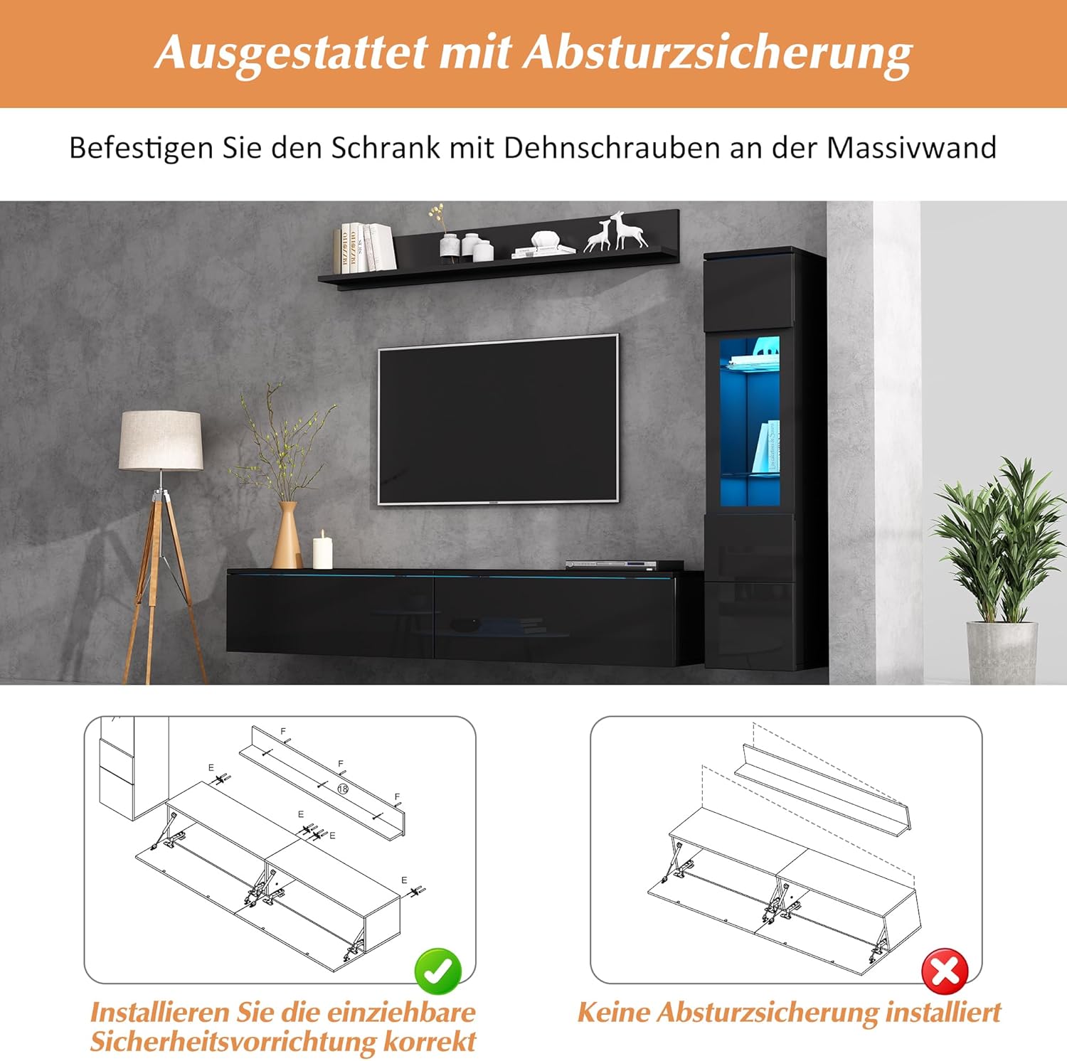Wiuzo TV Wohnwand Set 3-teilig LED Beleuchtung Hochglanz Schwarz Wohnzimmer Möbel Set Frontale Wohnwand Schwarz 1 x TV Schrank, 1 x Wohnzimmer Vitrine, 1 x Hängeregal, TV bis 80'