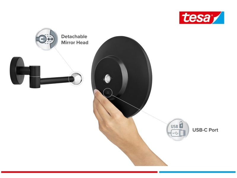 tesa Kosmetikspiegel Visioon LED, Schwarz Runder Vergrösserungsspiegel mit LED-Beleuchtung, fünffacher Vergrösserungsfunktion für Details