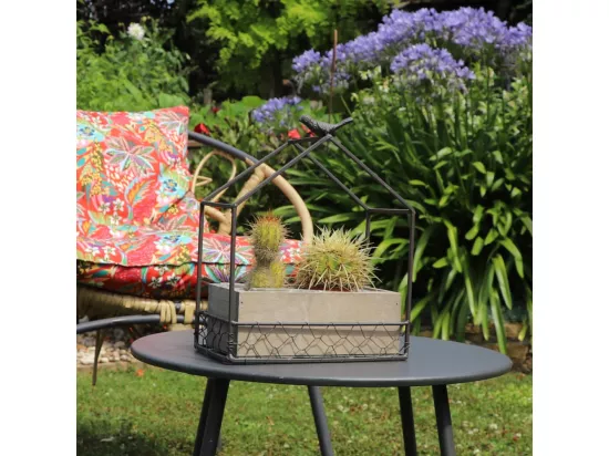 Jardinière extérieure pot fleurs jardin bois métal marron 21x12x24.5cm