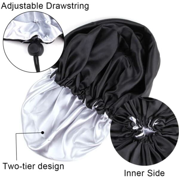 Sleeping Cap - Satin Hair Care Wedding Bonnet - Justerbar søvnhette svart