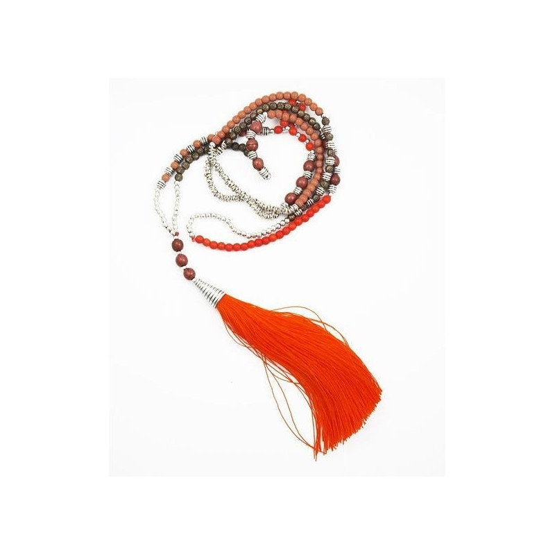 Collier pompon long orange et gris