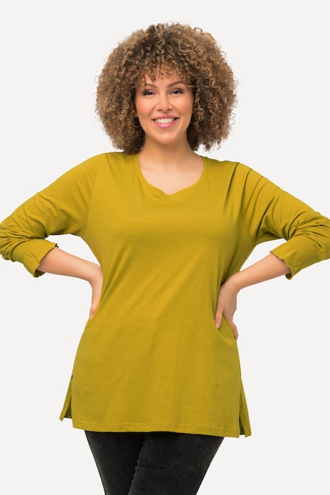 Shirt, Classic, Rundhals, gesmokter Volant-Langarm