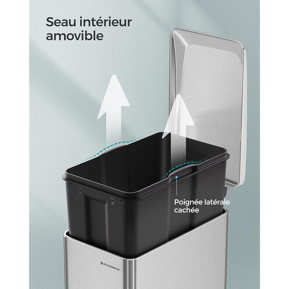 SONGMICS Poubelle de Cuisine 48L, Poubelle à Pédale, Fine, pour Petits Espaces, Couvercle à Fermeture en Douceur, avec Seau Intérieur, en Acier Inoxydable, 15 Sacs Poubelle Inclus, Argent LTB510E48 : Cuisine et Maison