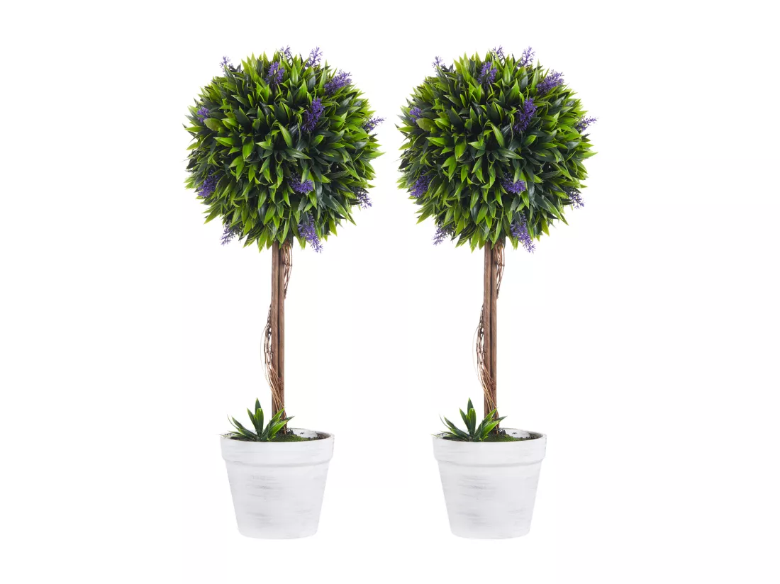 Lot de 2 plantes artificielles avec fleurs de lavande arbre artificiel tronc et pot inclus - hauteur 60 cm intérieur et extérieur vert