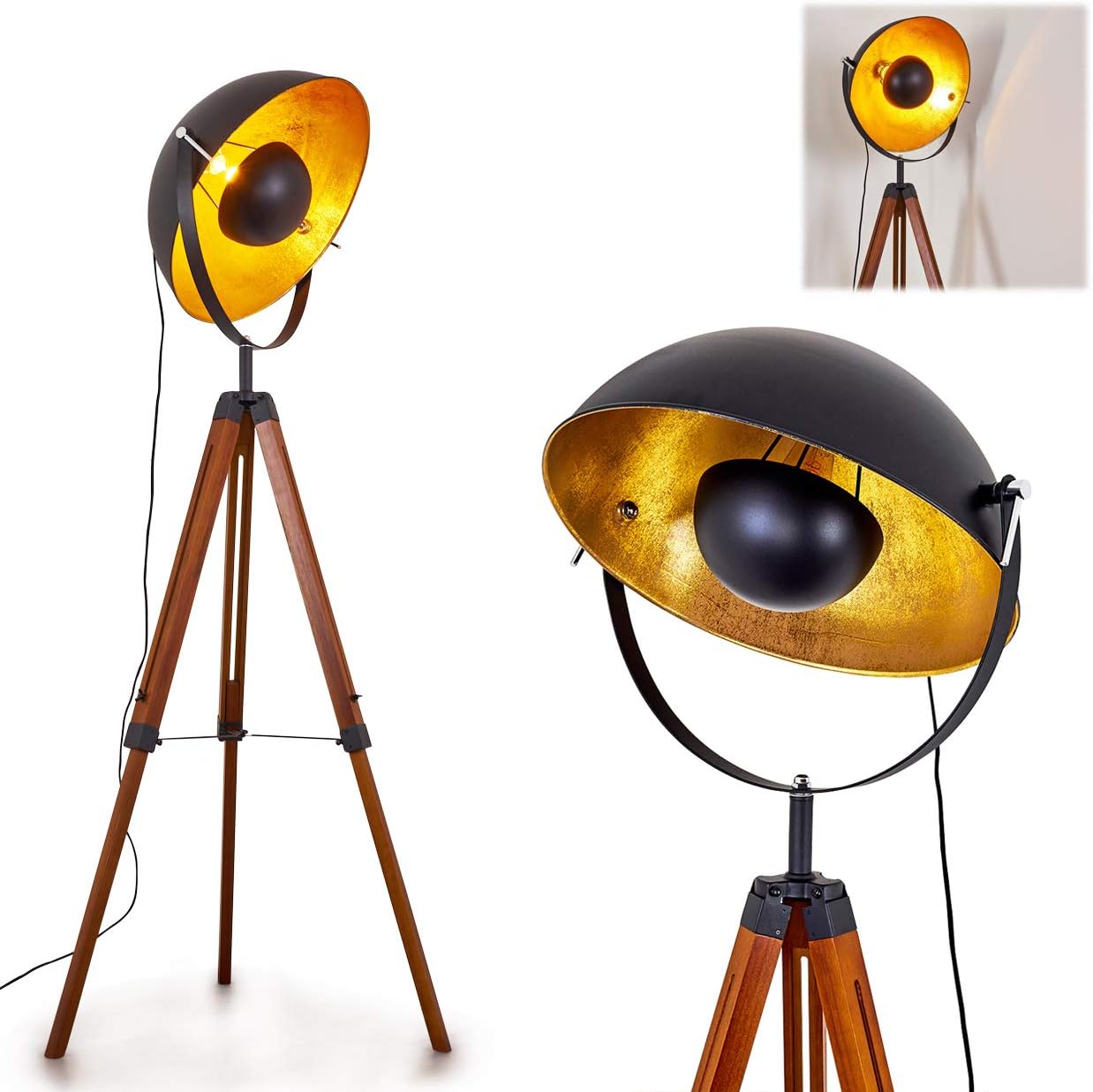 Stehlampe Jupiter, Vintage Stehleuchte in Schwarz/Gold aus Metall m. Gestell aus Holz, Ø 55cm, E27-Fassung, verstellbare Bodenleuchte im Retro-Design, ohne Leuchtmittel