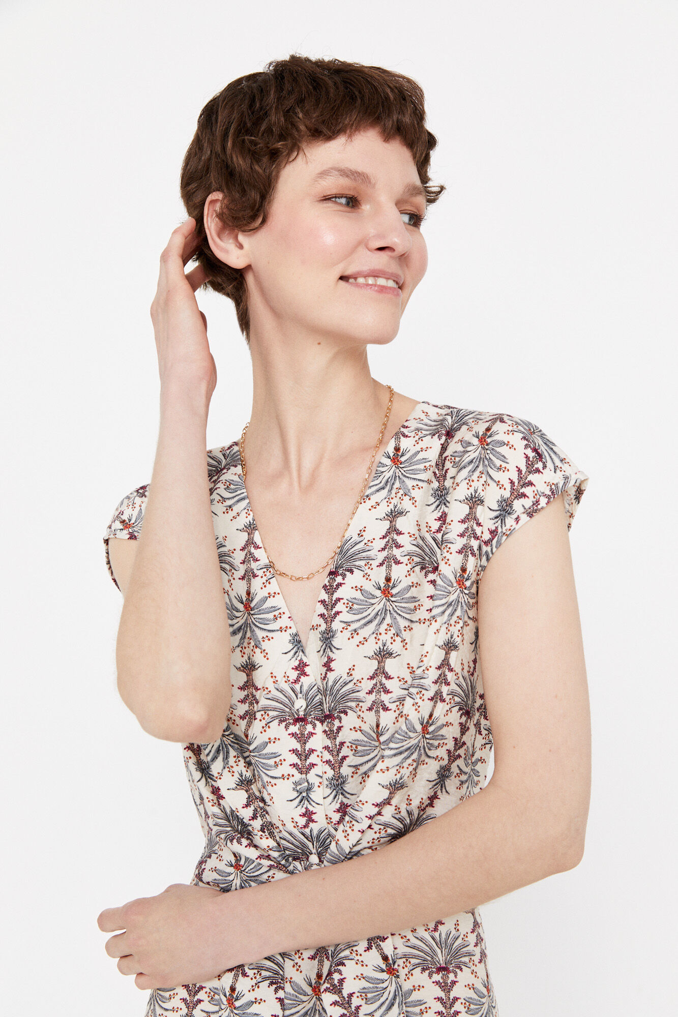 Vestido com amarração na cintura - Estampa branca