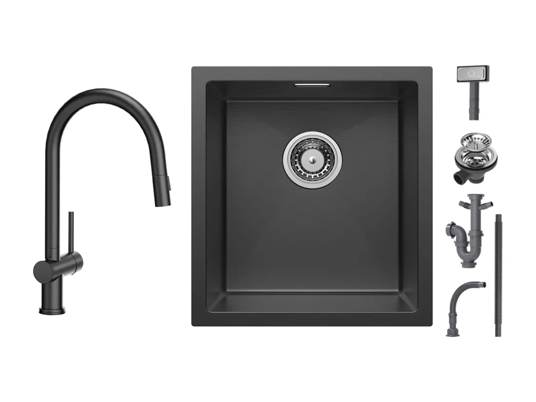 Cecipa max Évier Inox Encastré 40*44*19 cm - Évier de Cuisine 1 Bac Noir + Mitigeur de Cuisine avec Douchette Extractible avec 2 Types de Jet Noir