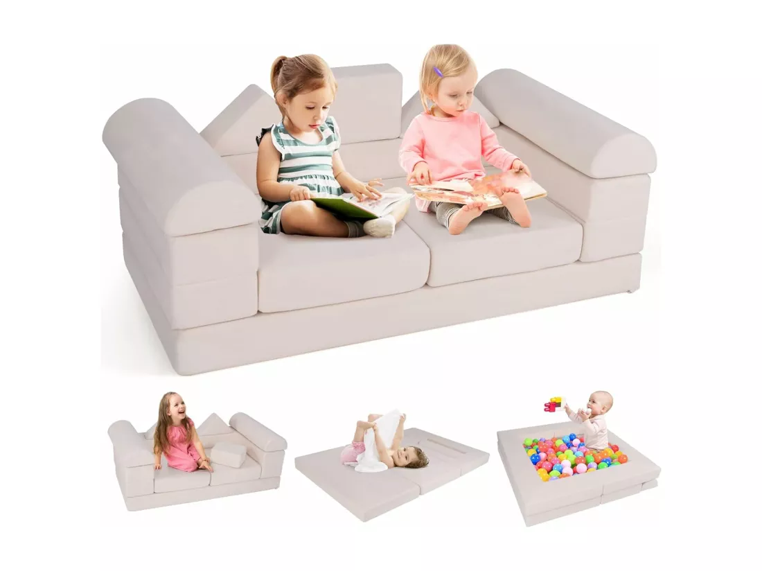 9PCS Canapé Modulaire pour Enfants en Tissu Daim, Canapé Enfant Convertible 2 Places avec Housses Amovibles & Lavables, Canapé en Mousse pour Salle de Jeux et Chambre, 3 Ans+ (Beige)