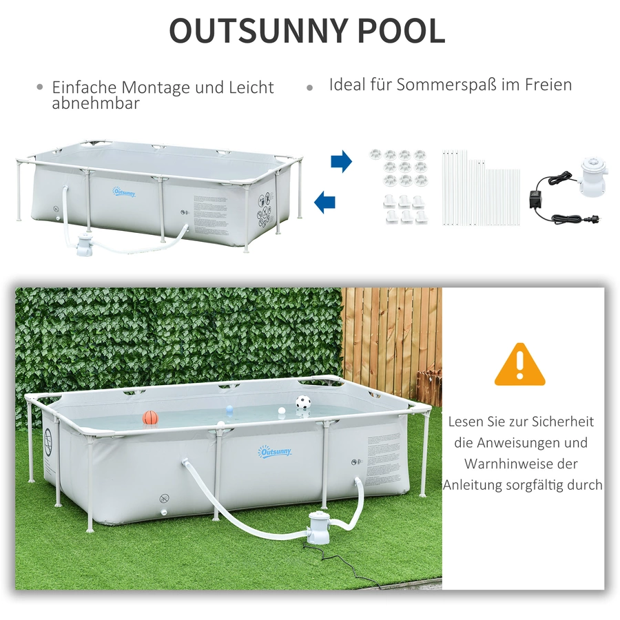 Outsunny Swimmingpool mit Filterpumpe und Filterpatrone, Rost- und korrosionsbeständig grau