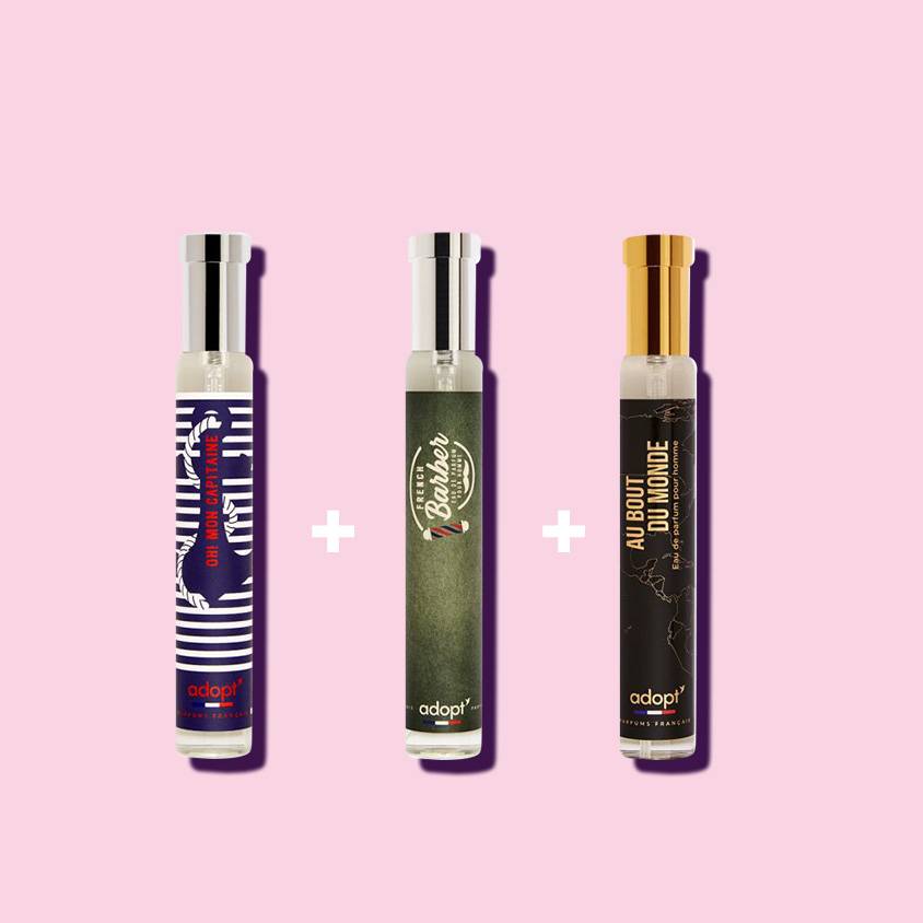 Summer homme :assortiment de trois eaux de parfums 30ml pour homme : oh mon capitaine, french barber et au bout du monde !