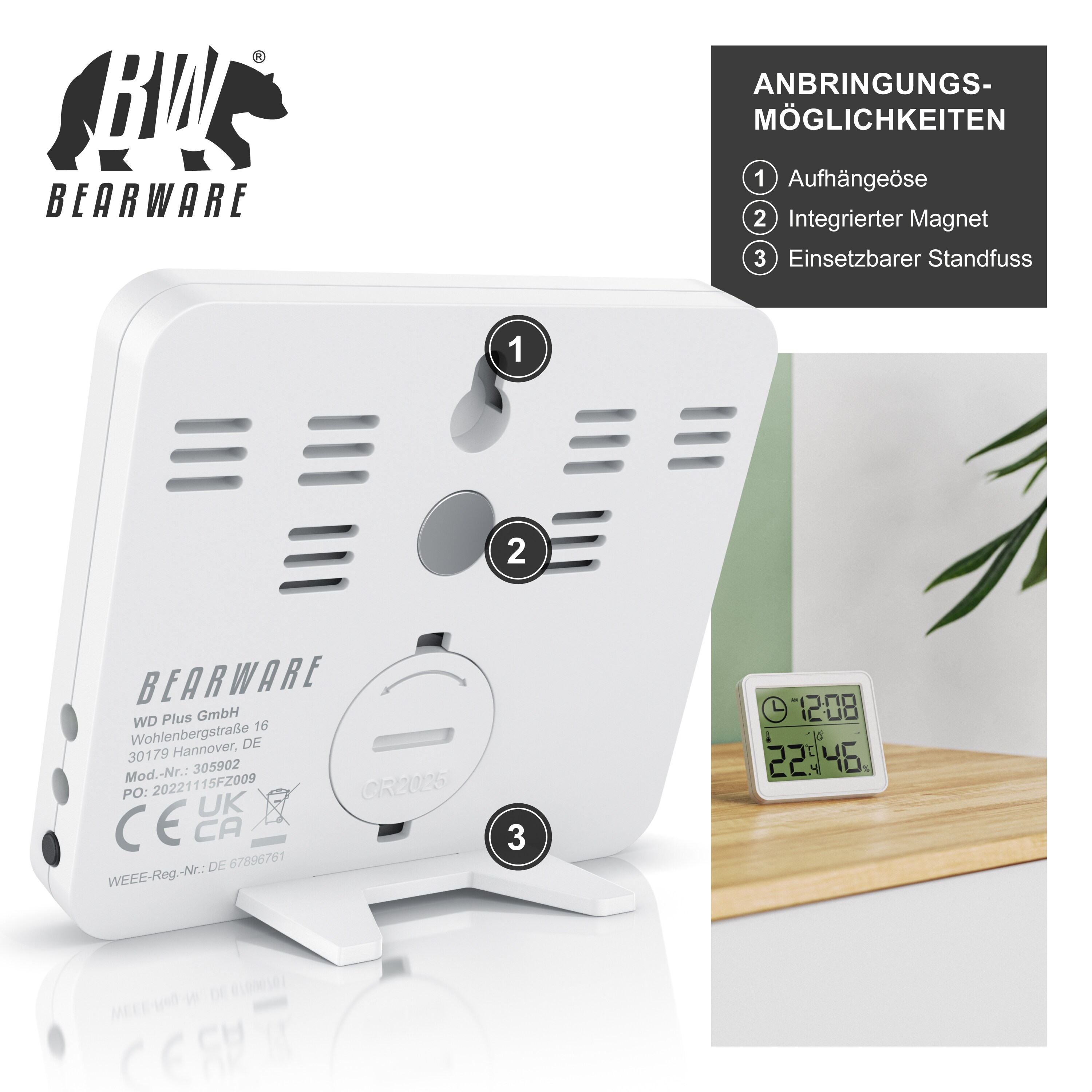 BEARWARE - Thermometer Hygrometer - Temperatur und Luftfeuchtigkeit - Uhrzeit - gut ablesbare LCD-Anzeige - Magnethalter, Aufhängeöse und Standfuß