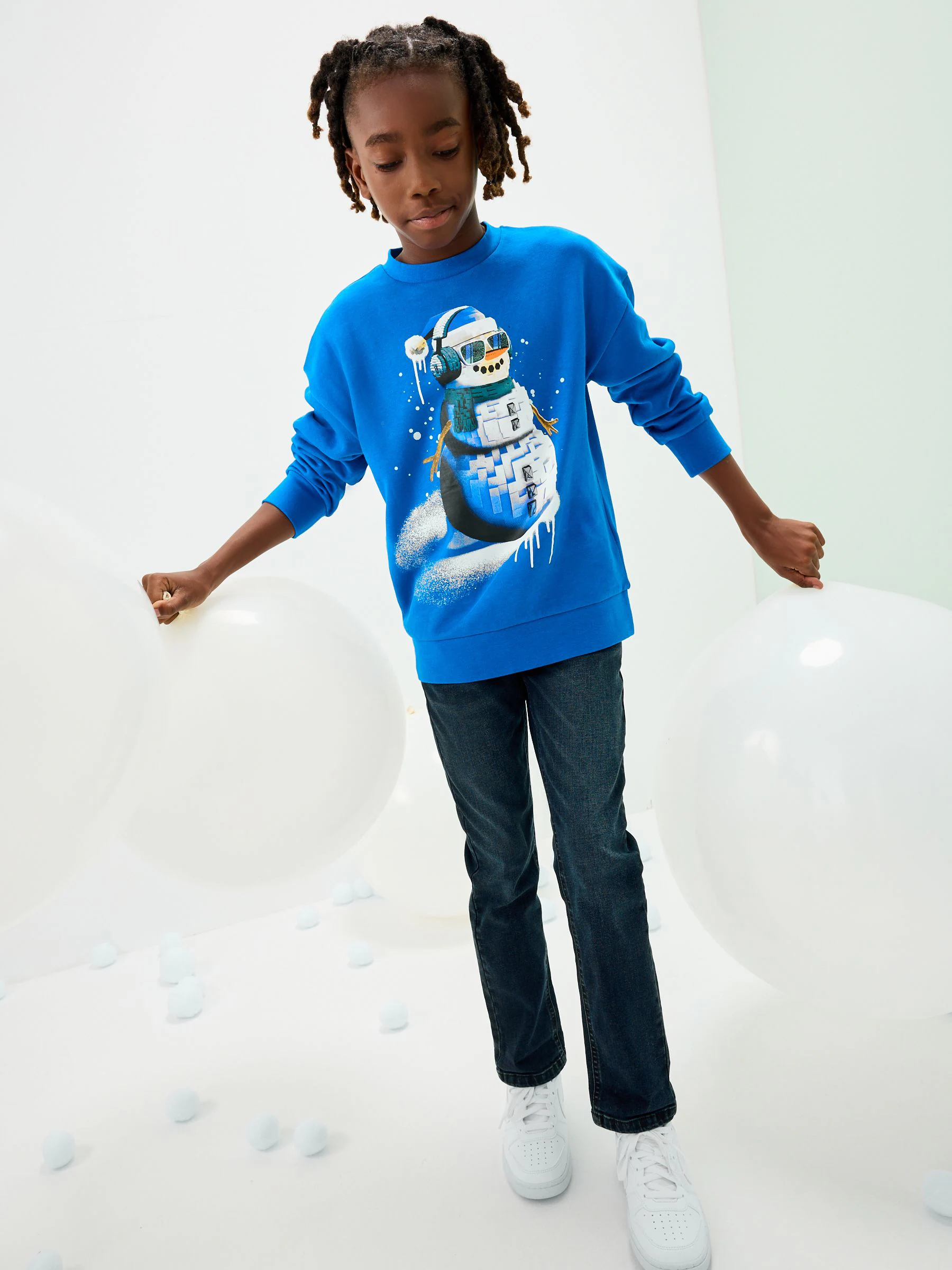 Blauw - Sweatshirt met pailletten en kerstmanprint met ronde hals (3-16jr)