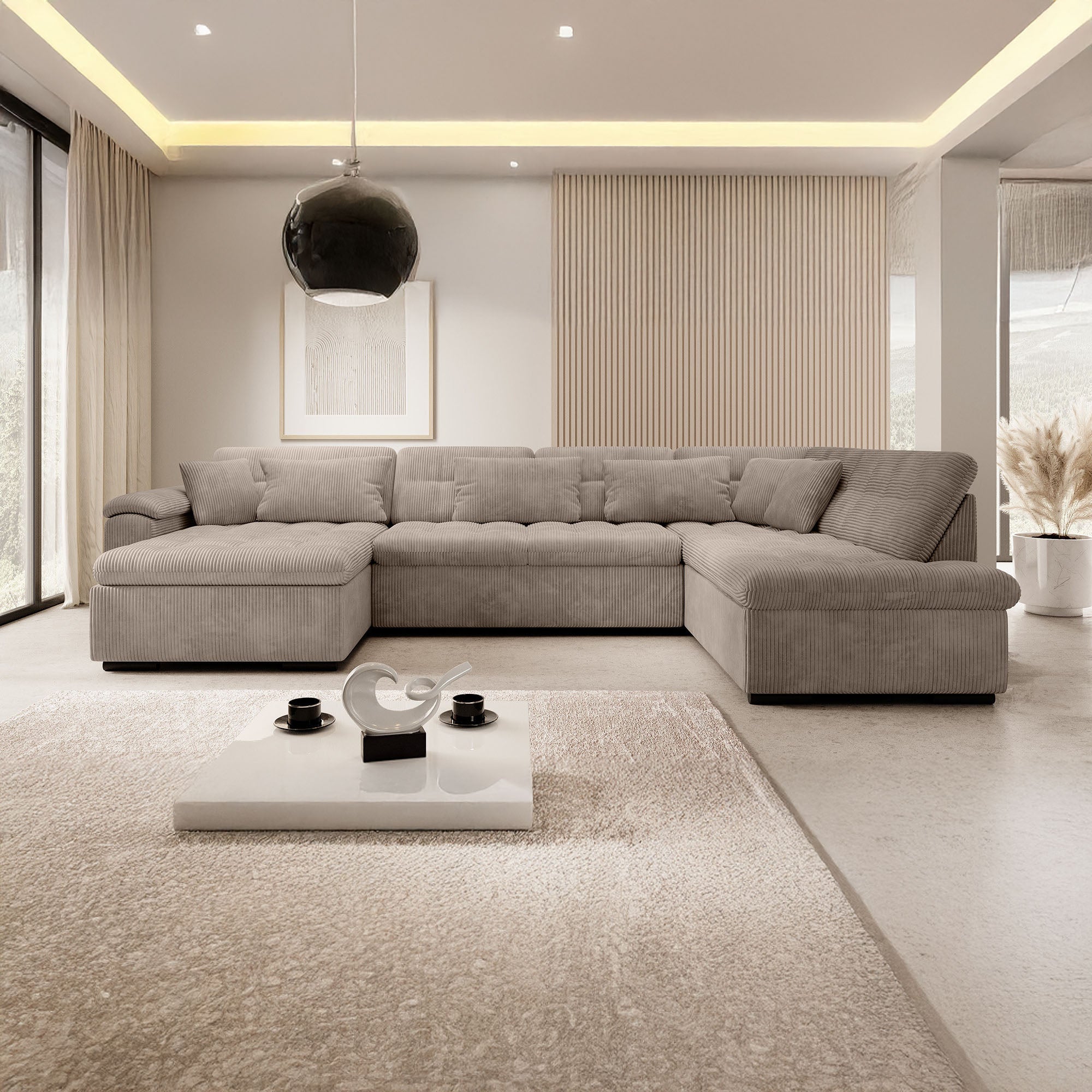 Nicoreta - Hoekbank 5-zits met chaise longue - Ribstof bruin - Links