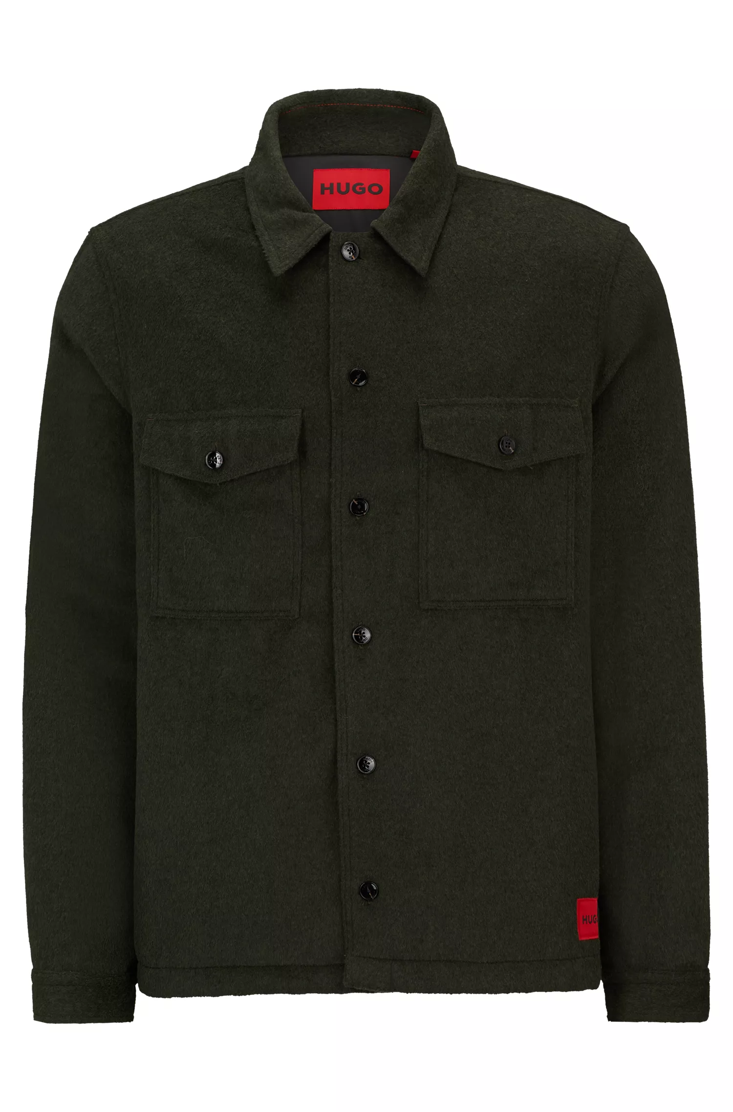 Sobretudo HUGO vermelho de modelagem oversized com etiqueta vermelha com o logotipo.
