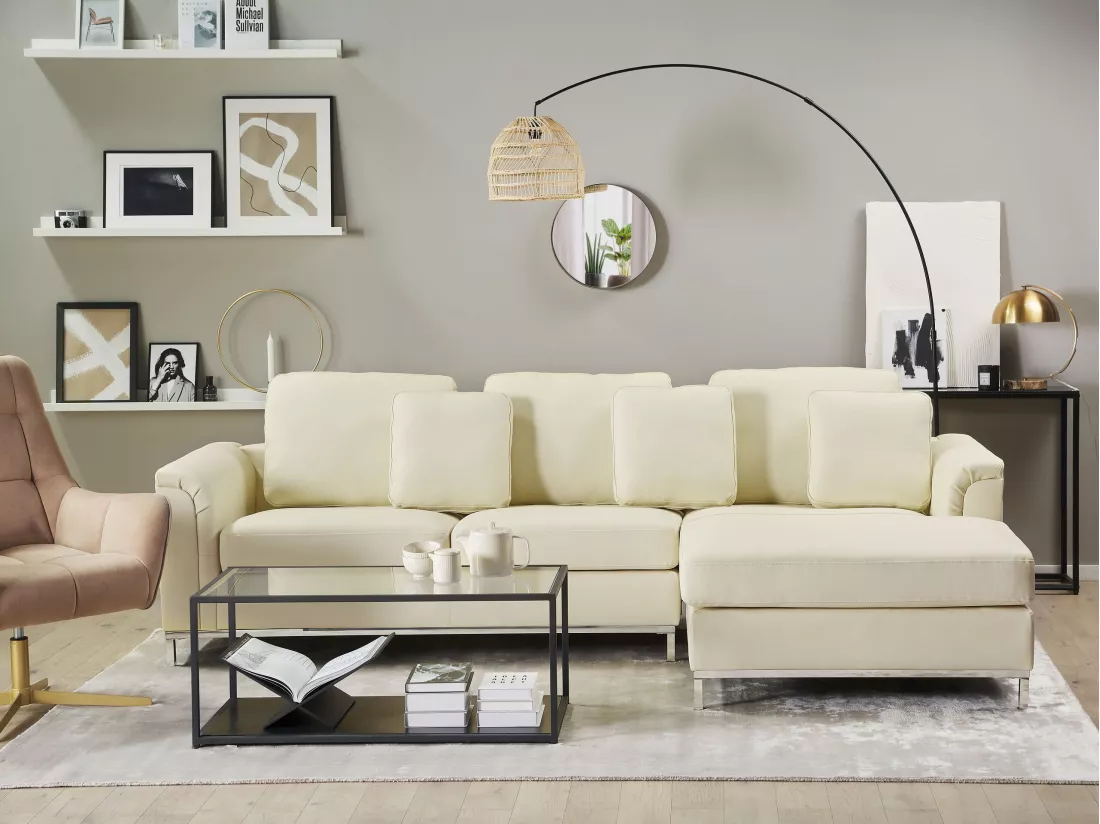 Canapé Angle à droite en Cuir Véritable Beige Dossier Matelassé Housses Amovibles Oslo