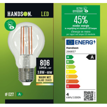 Handson LED lamp E27 3,8W=60W 806lm class A warm wit