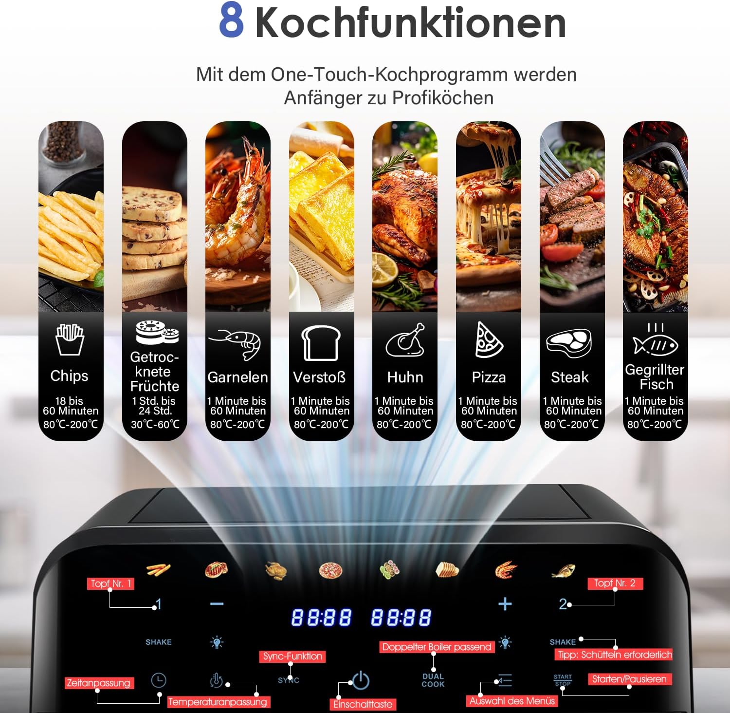 Dual Zone Heißluftfritteuse, XXL 9L Rapid AirFryer, 2 Fächer, 8 Programme, 80°C- 200°C, 2400W, Heißluftfritteusen ohne Öl, Grillen, Backen, Braten, Spülmaschinenfest, Antihaftbeschichtung