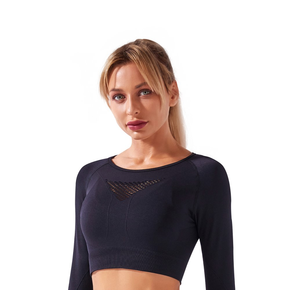(Gr. L) Elastisches Sport Crop Top Bauchfreies Langarm Shirt Yoga Oberteil - Schwarz