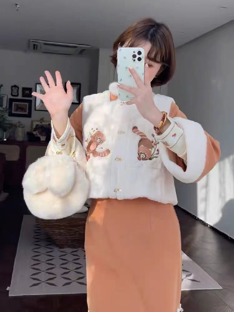 Fioridi - Cartoon geborduurd fleece vest met knopen / lange mouwen midi qipao / set