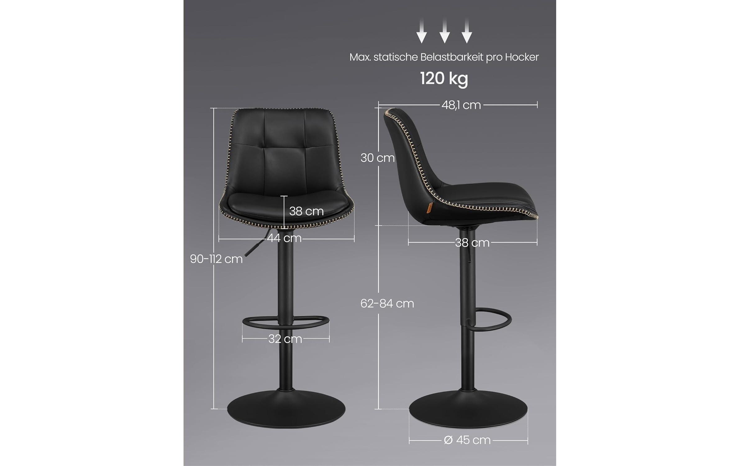 Barhocker 2er Set 48 x 90 cm/112 cm, Schwarz<br>Stabile Barstühle aus Kunstleder
