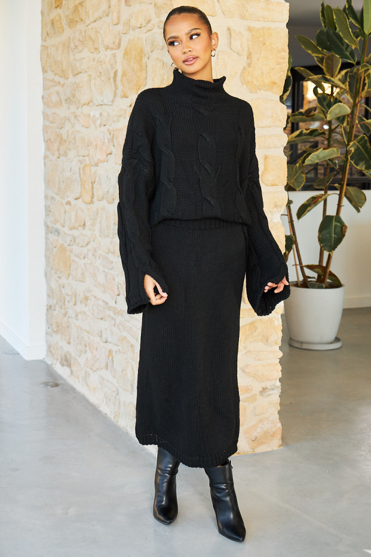 Ensemble 2 pièces pull + jupe en maille noir