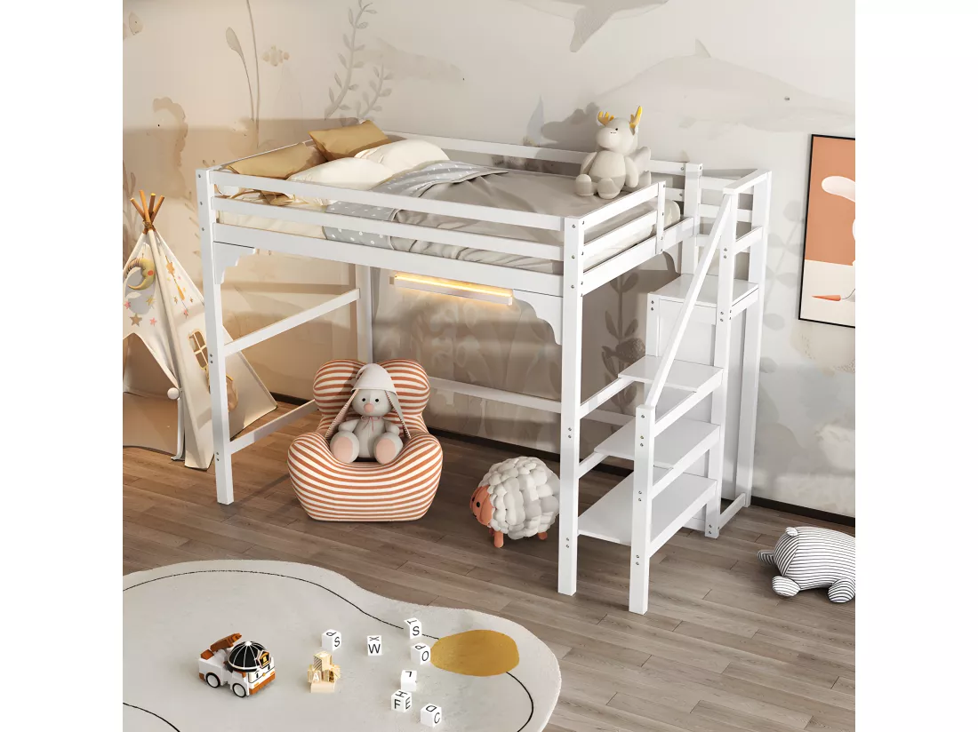 Lit mezzanine 140x200cm en bois - avec penderie et sommier à lattes - Blanc