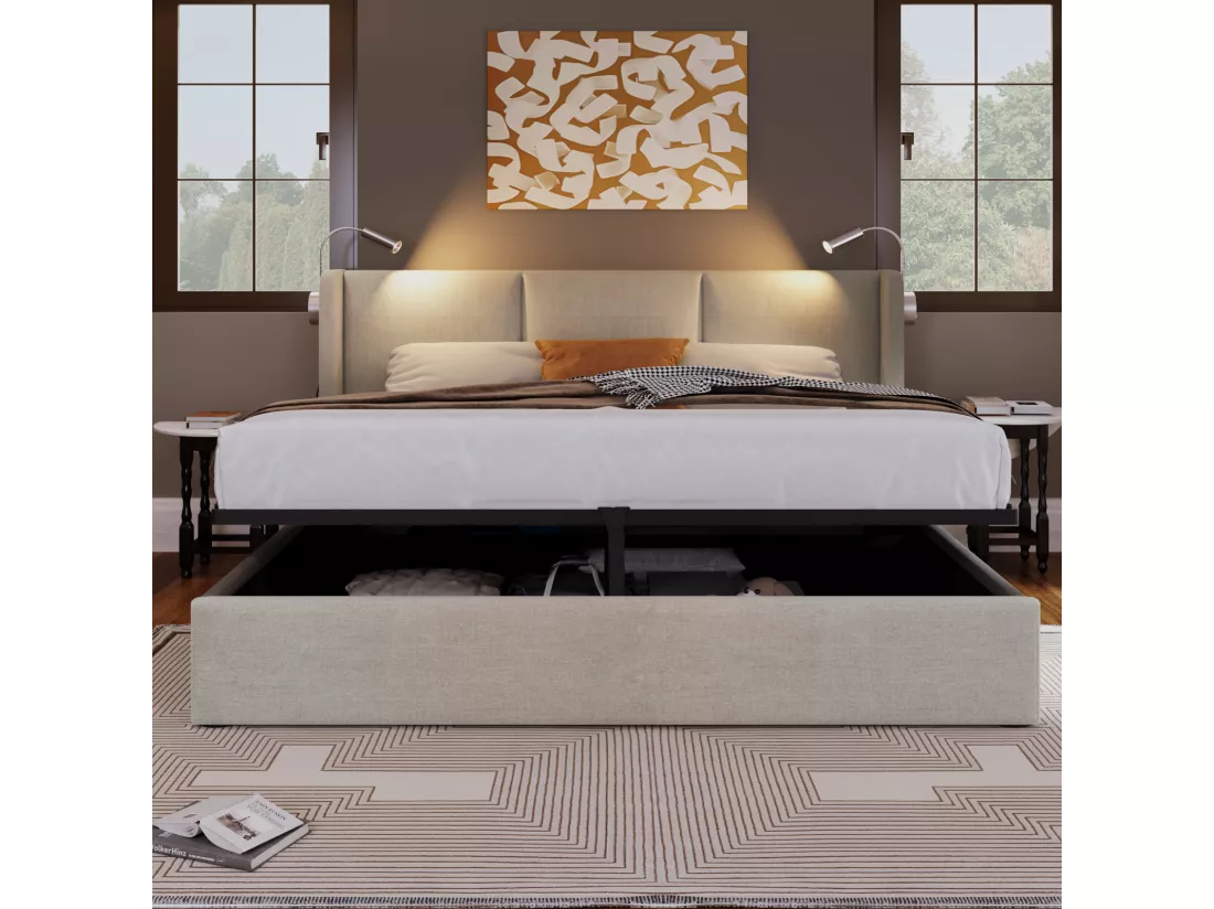 Lit hydraulique avec lampe de lecture - 140x200 cm - charge USB et grand rangement - Lin - Beige
